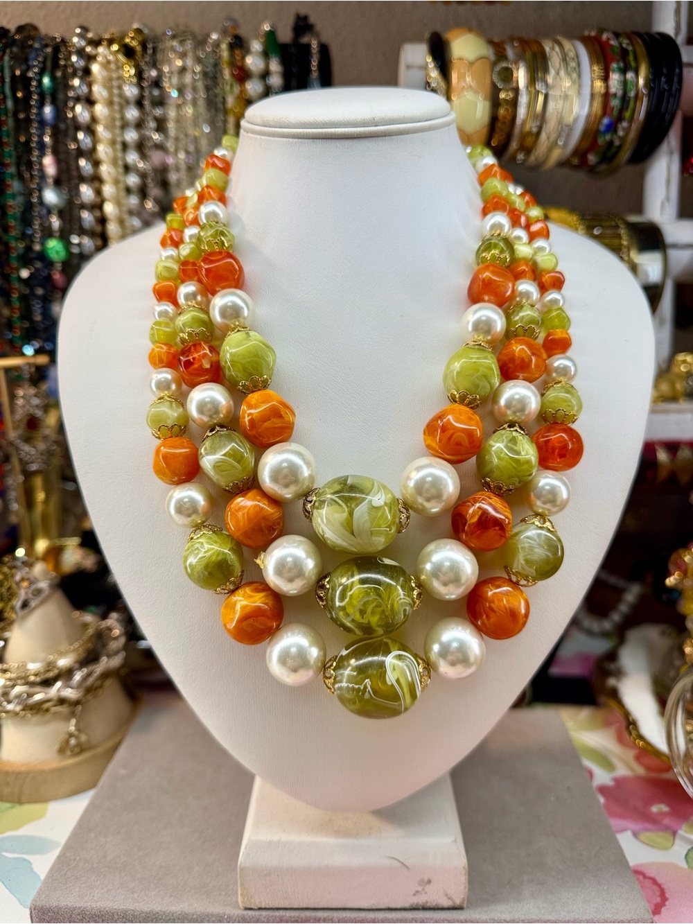 Vintage Lucite Layered Orange & Green Bead Statement Necklace with Pearls